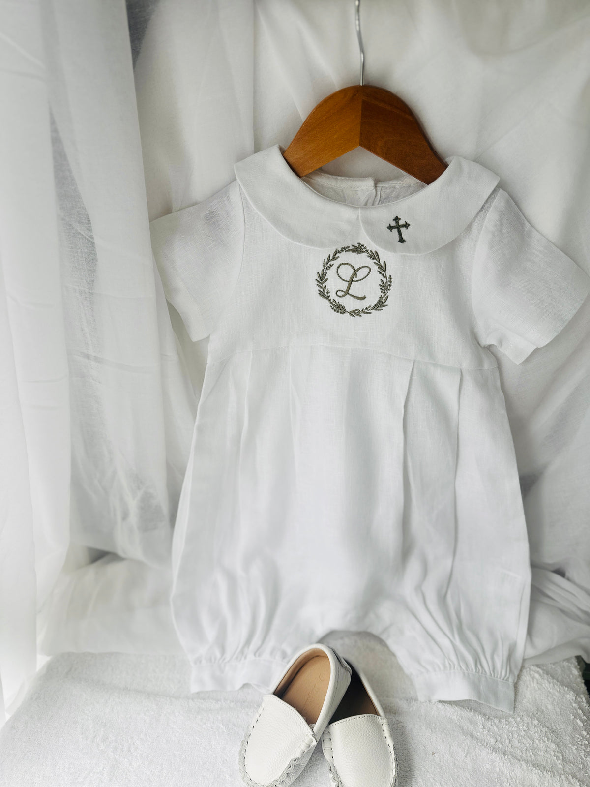 Linen Baptism 3/4 length jumpsuit romper with optional cardigan and embroidery