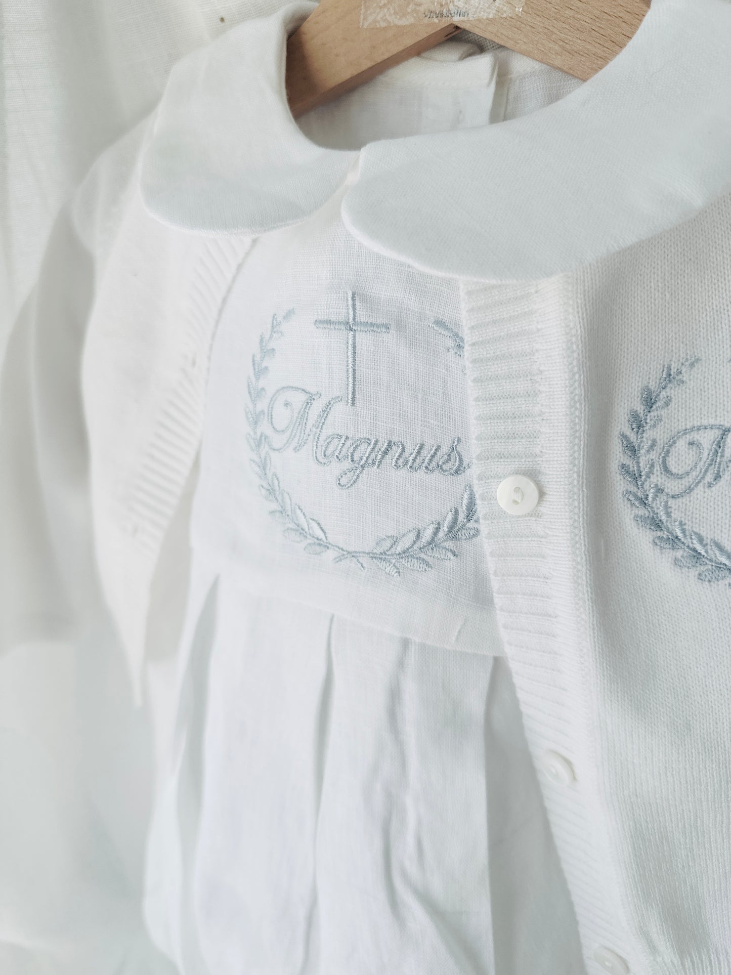 Linen Baptism peter pan collar bubble romper with optional embroidery customisation