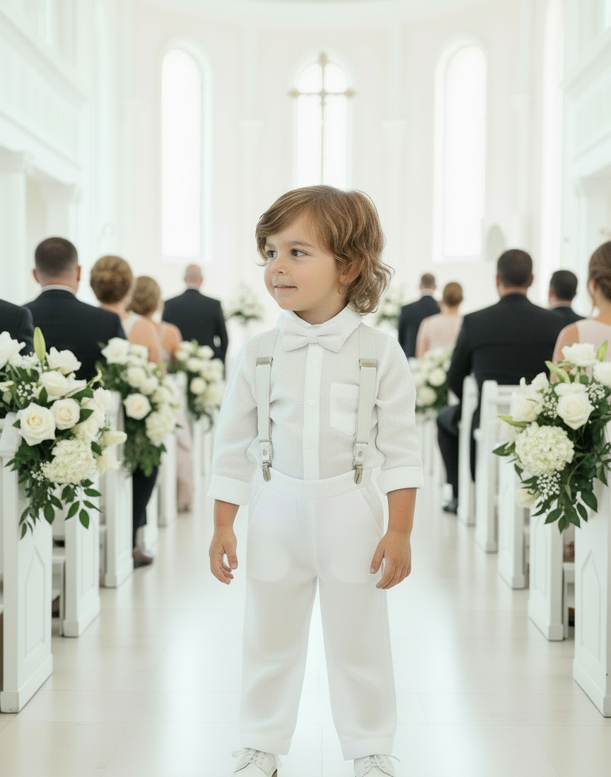 White linen Baptism Suit outfit with optional blue jacket and Accessories