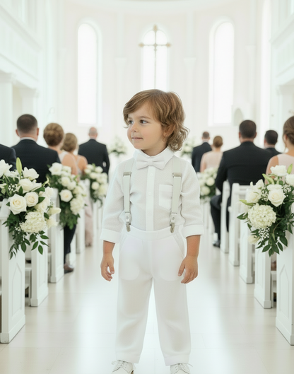 White linen Baptism Suit outfit with optional blue jacket and Accessories