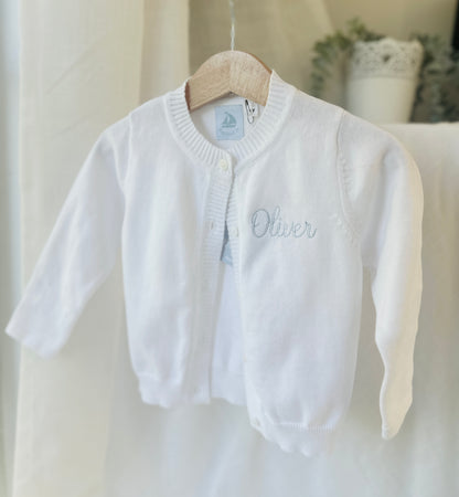 White cotton Baptism christening cardigan sweater with optional embroidery