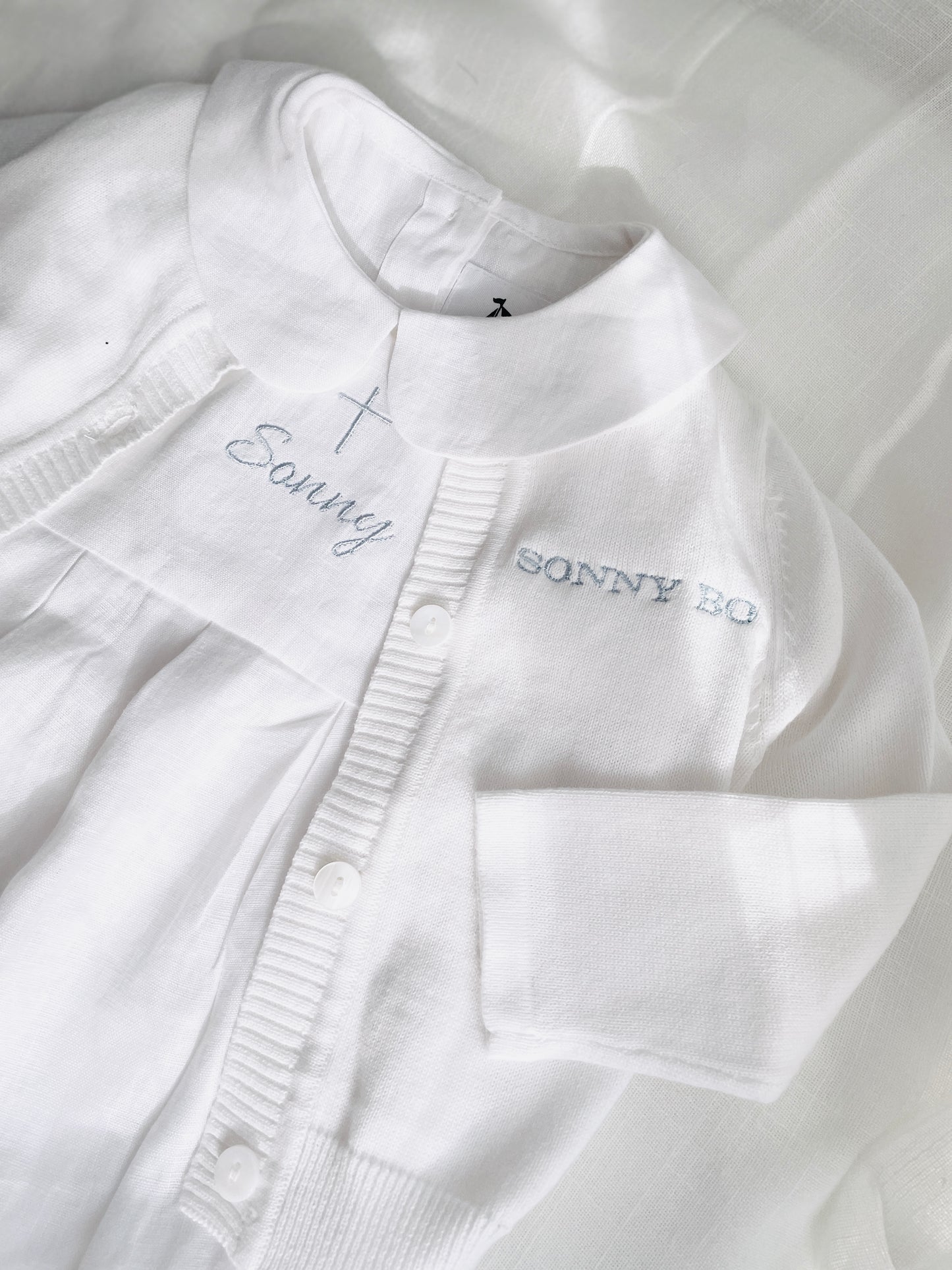 Linen Baptism peter pan collar romper outfit with optional embroidery customisation