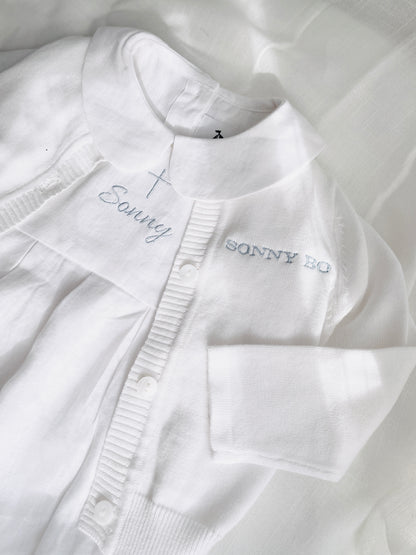 Linen Baptism peter pan collar bubble romper with optional embroidery customisation