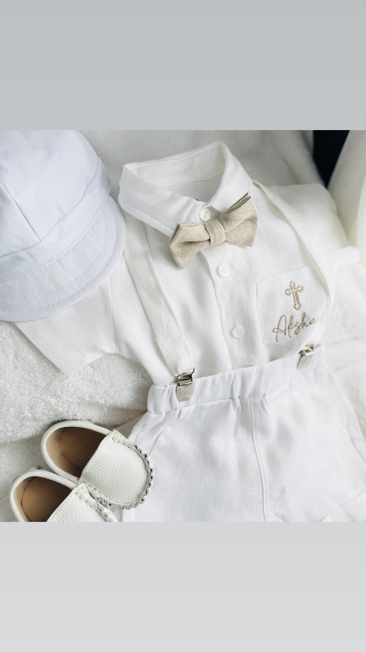 White linen summer Baptism outfit with suspender shorts, shirt, bowtie plus optional extras