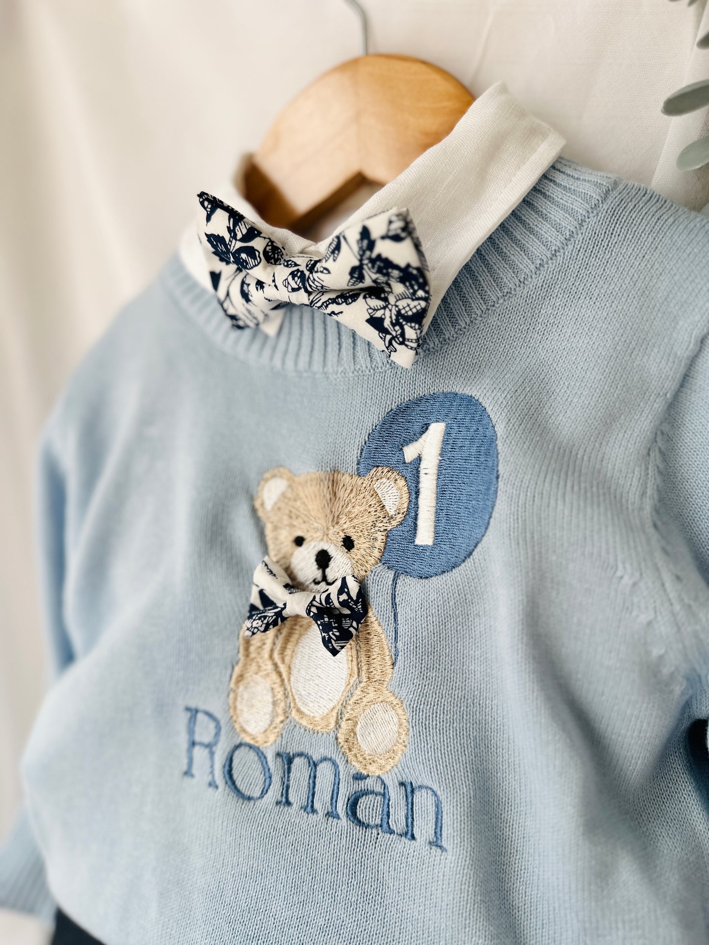 Blue and white linen first Birthday and Baptism blouse with suspender shorts set