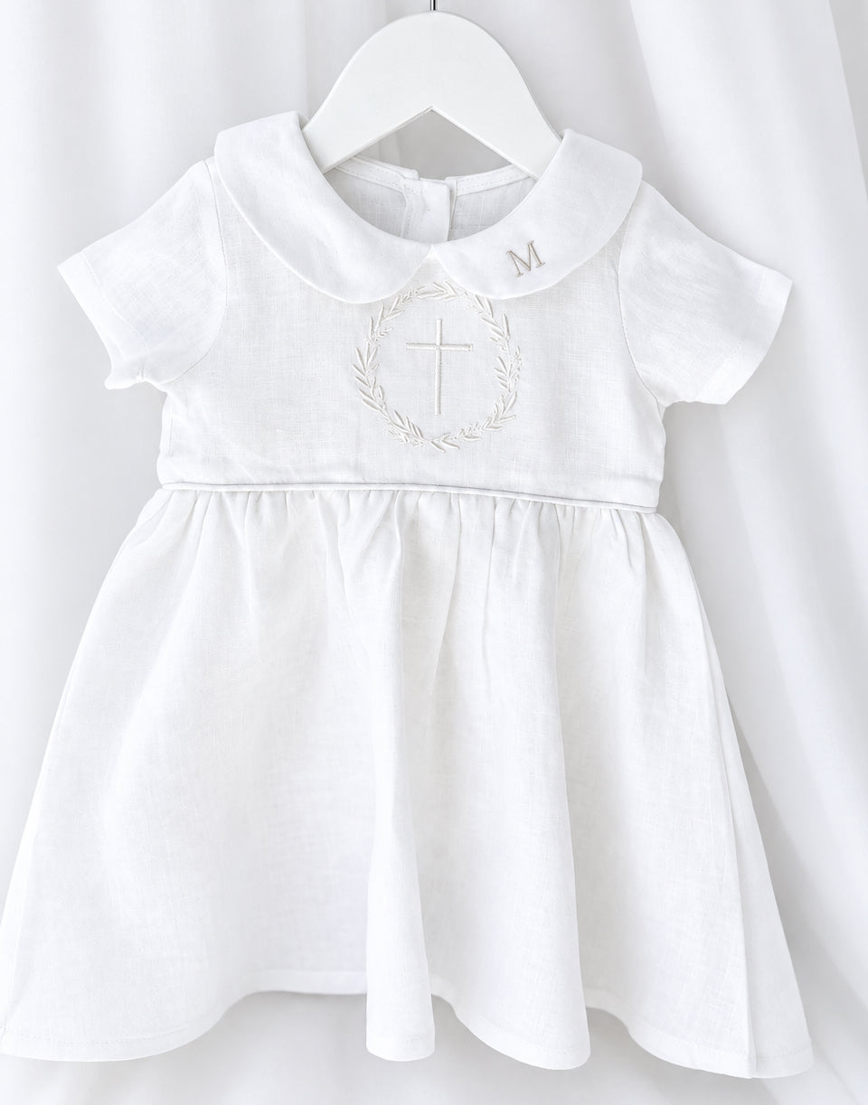 Pure Linen knee length Baptism Dress with embroidery and bloomers and optional ribbon