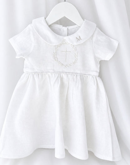 Pure Linen knee length Baptism Dress with embroidery and bloomers and optional ribbon