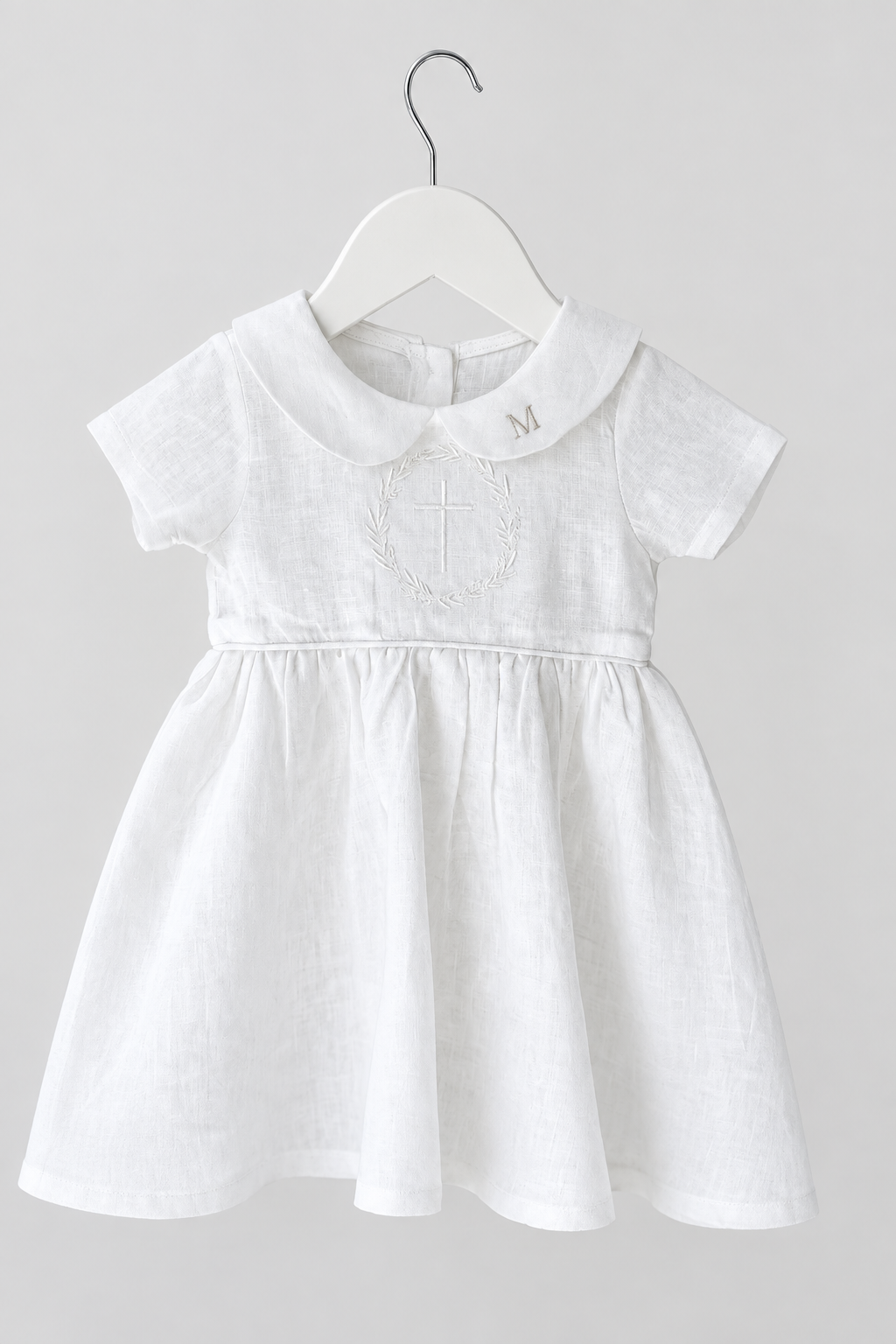 Pure Linen knee length Baptism Dress with embroidery and bloomers and optional ribbon