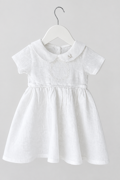 Pure Linen knee length Baptism Dress with embroidery and bloomers and optional ribbon