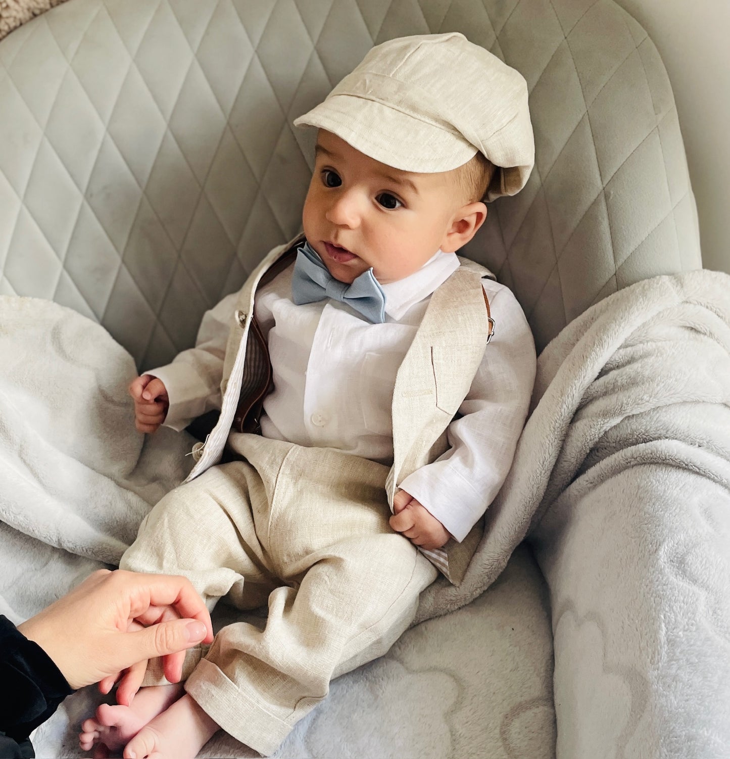 Baby and Toddler Boys white and beige linen summer set with vest, shirt, shorts, suspenders and bowtie