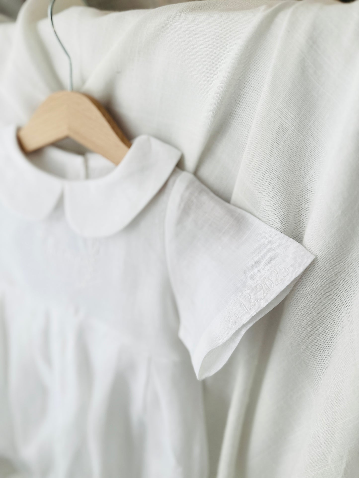 Linen Baptism romper dungaree jumpsuit with optional cardigan and embroidery