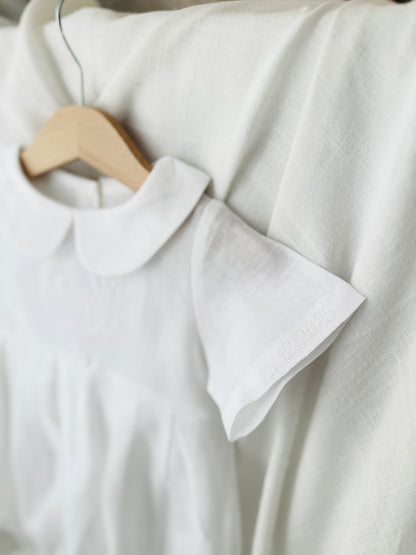 Linen Baptism 3/4 length jumpsuit with optional cardigan and embroidery