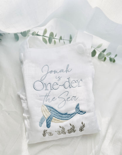 Boys White Linen first birthday romper with custom embroidery designs