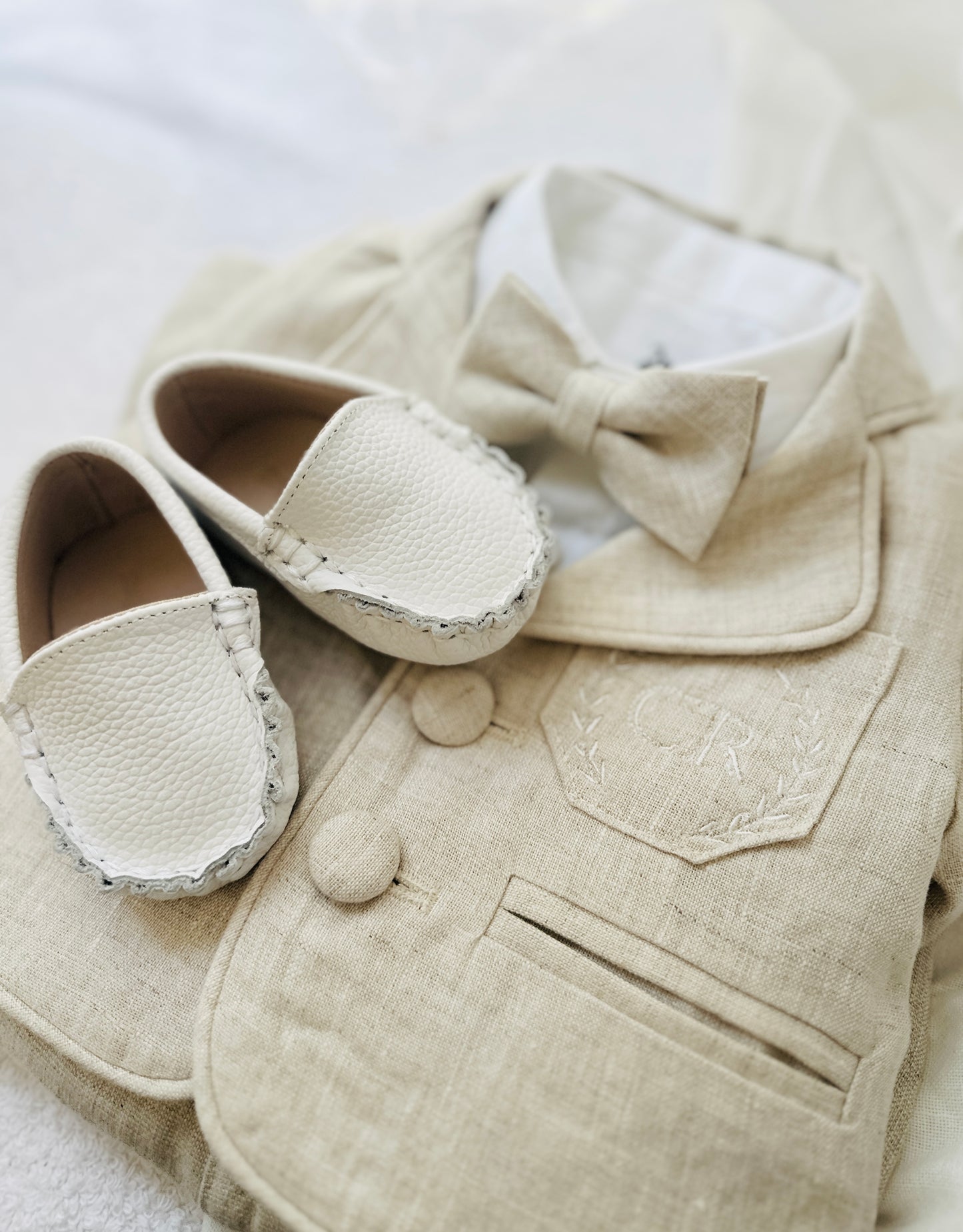 Beige linen pants and shirt set with bowtie and suspenders and optional personalisation