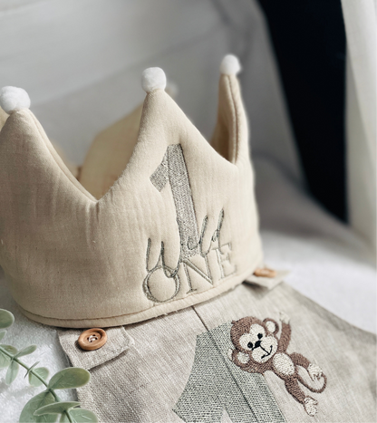 Boys Beige Linen First Birthday romper overalls wild one safari