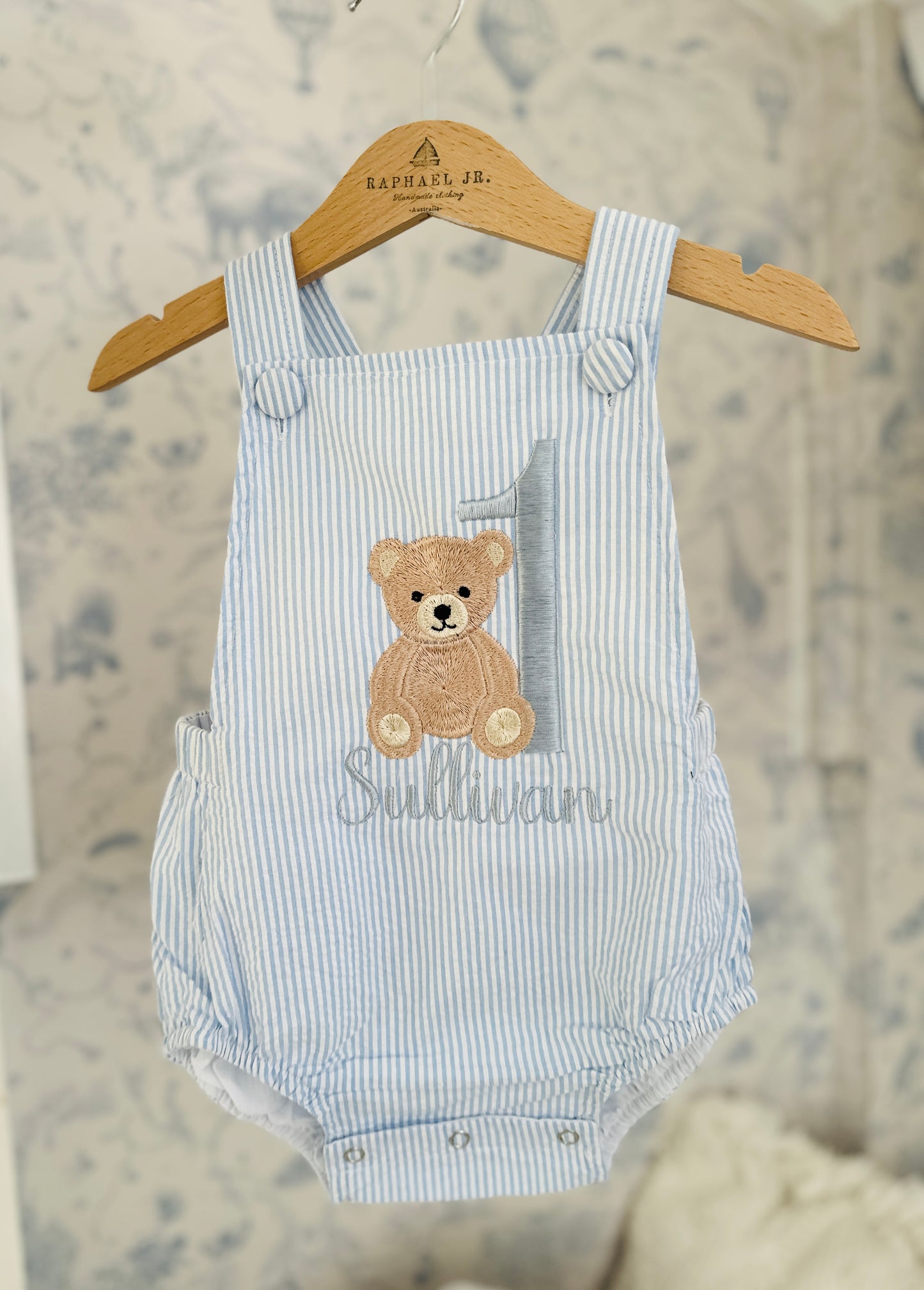 Baby and Toddler boys blue and white linen baptism and birthday romper and shirt set