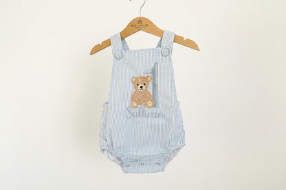Baby and Toddler boys blue and white linen baptism and birthday romper and shirt set