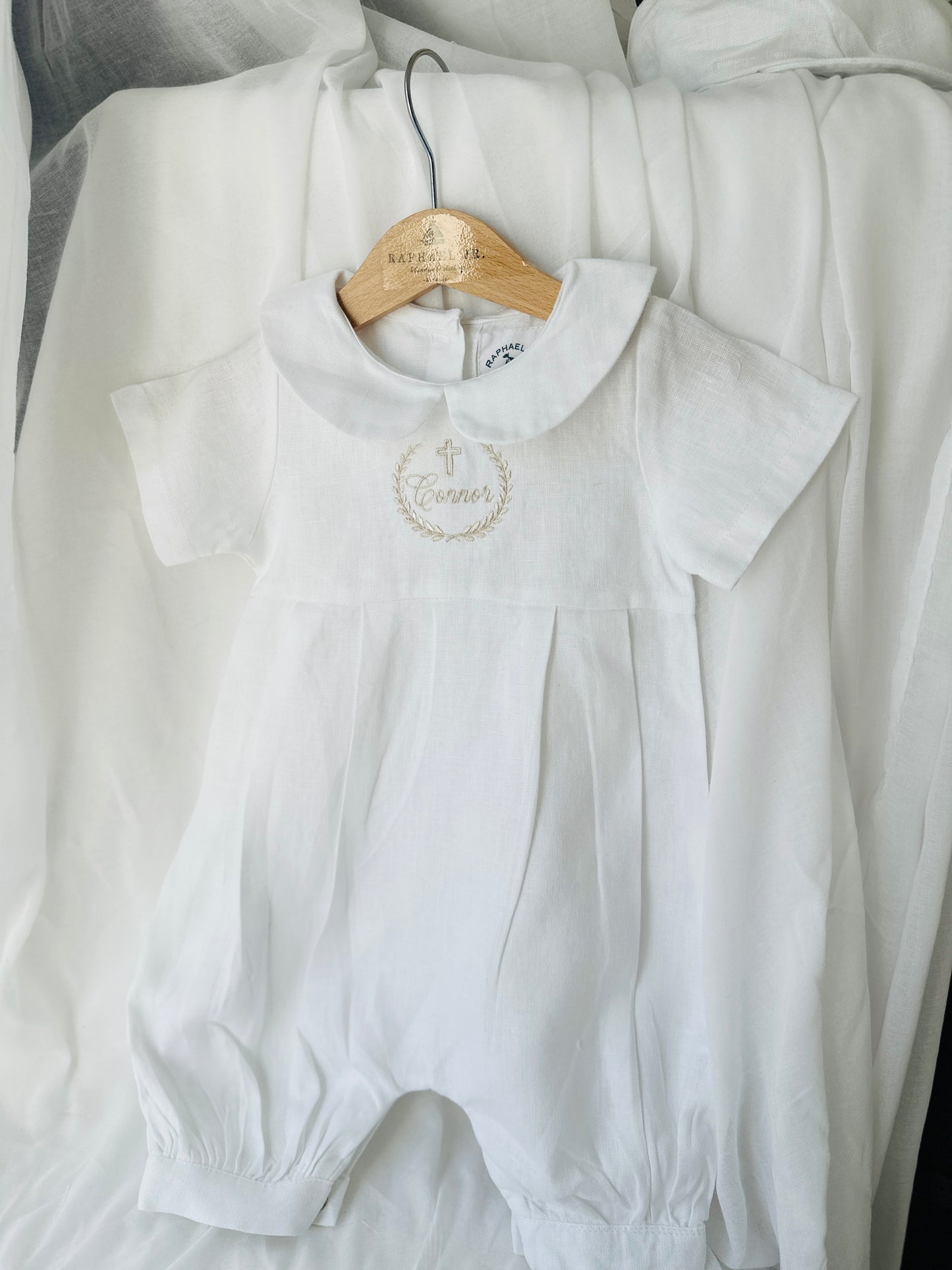 White Linen Unisex Baptism Gown 3/4 length romper with detachable skirt