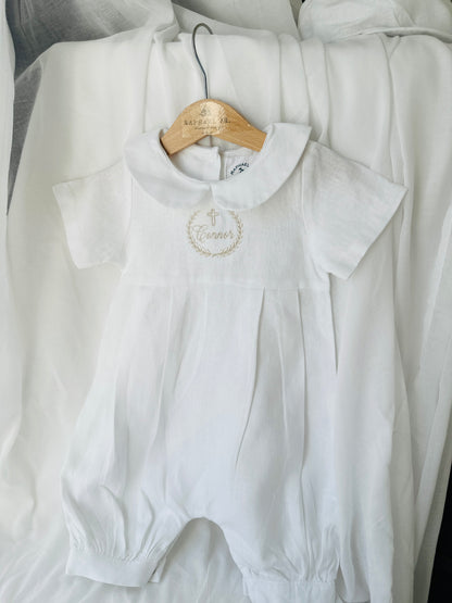 White Linen Unisex Baptism Gown 3/4 length romper with detachable skirt