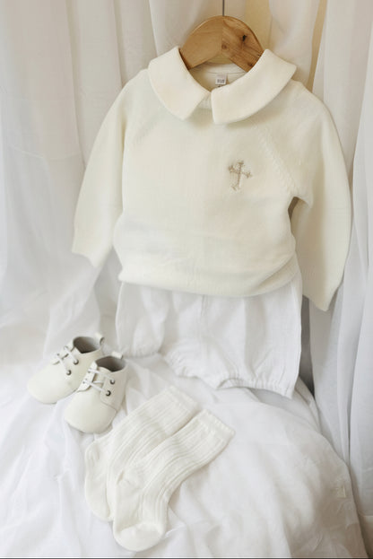 Baptism outfit with cotton onesie and jumper and linen bloomers