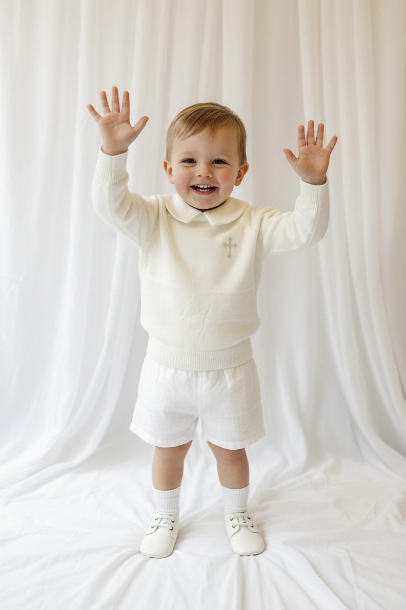 Baptism outfit with cotton onesie and jumper and linen bloomers