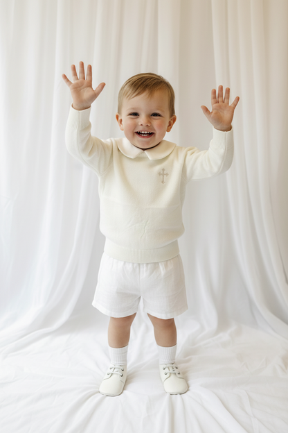 Baptism outfit with cotton onesie and jumper and linen bloomers