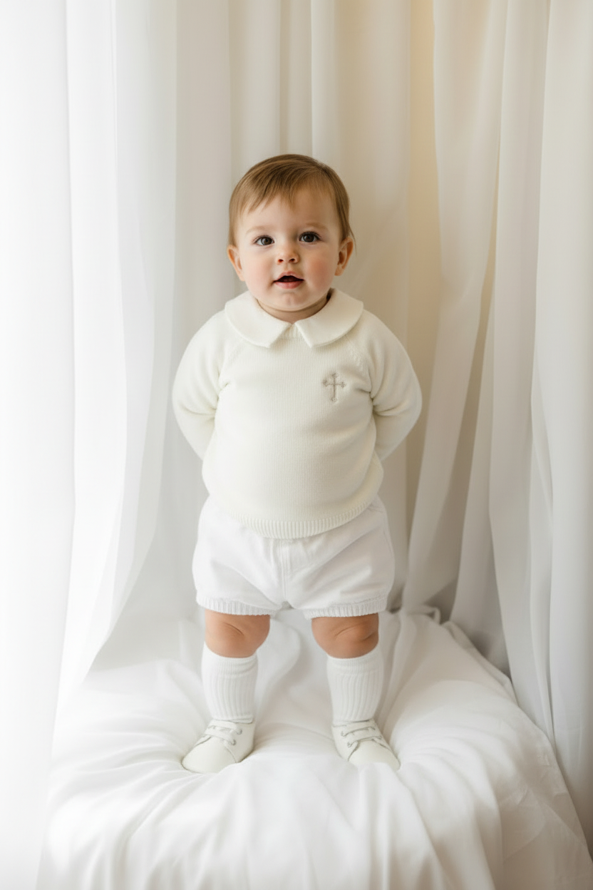 Baptism outfit with cotton onesie and jumper and linen bloomers