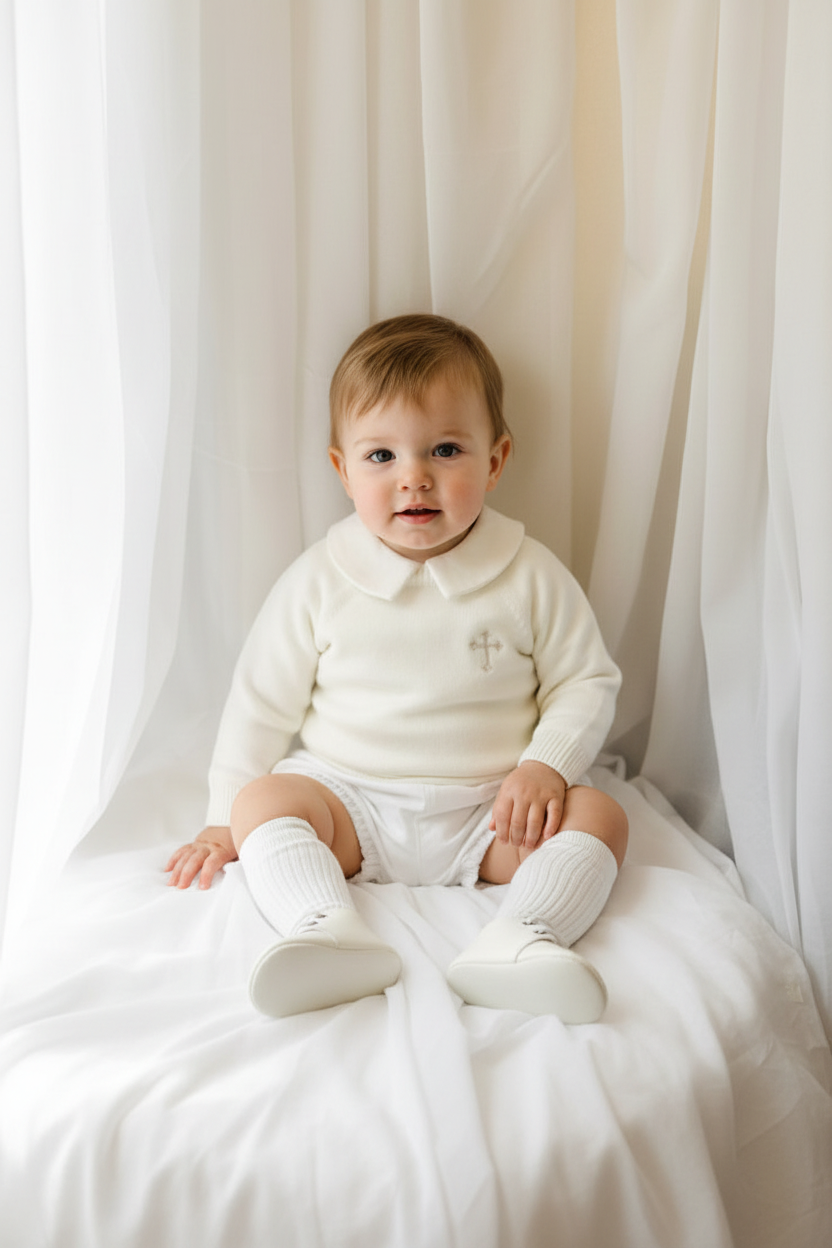 Baptism outfit with cotton onesie and jumper and linen bloomers