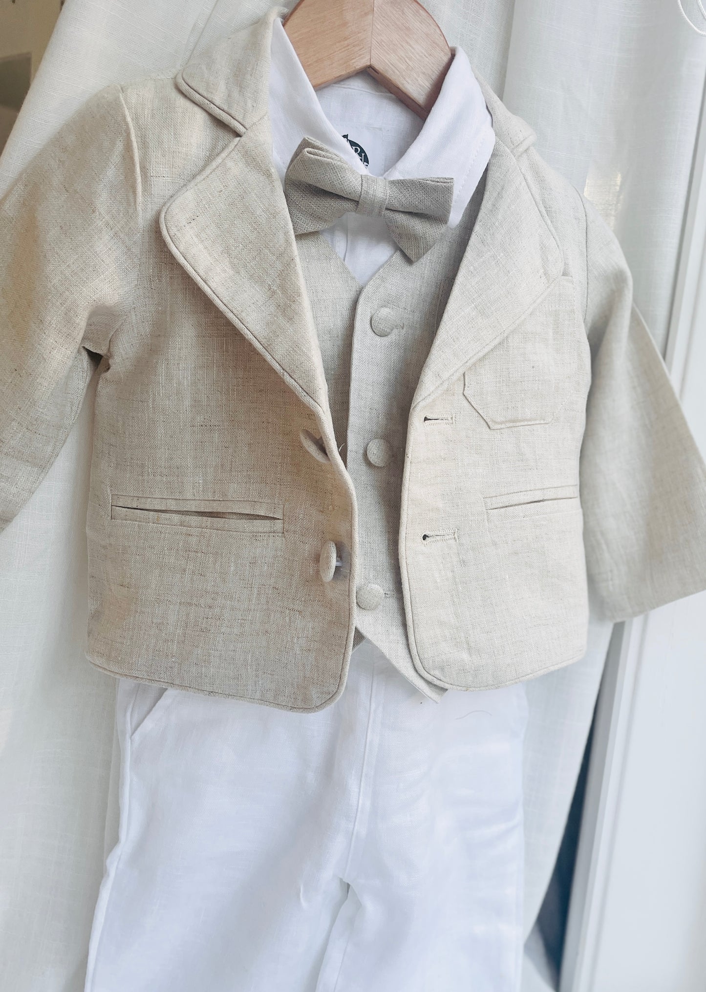 White and Beige Linen set with vest, shirt, pants, suspenders and bowtie plus optional jacket, cap and shoes