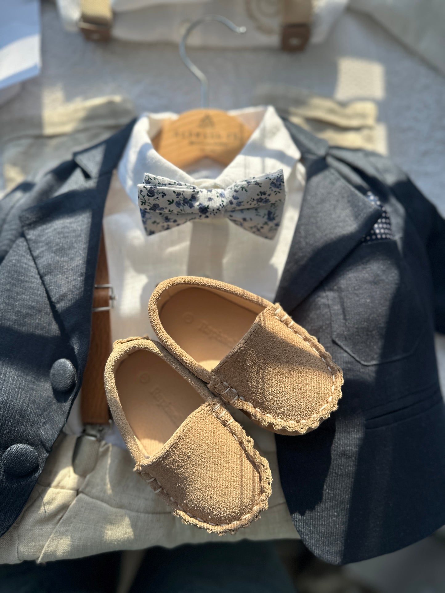 Boys white vest with white linen suit and navy jacket set