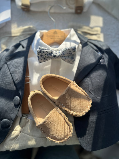 Boys white vest with white linen suit and navy jacket set