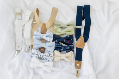 White and beige Summer linen outfit with suspender shorts, shirt, and bow tie plus optional jacket and embroidery