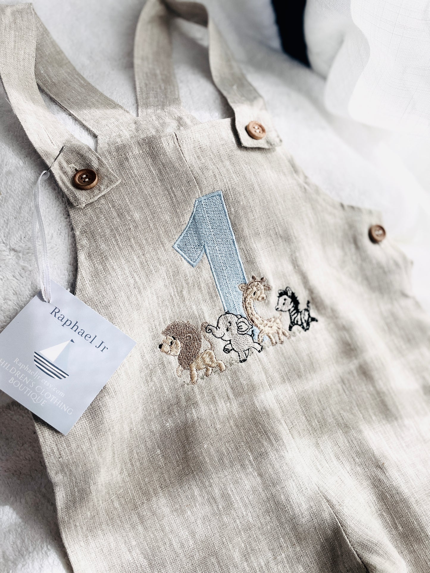Boys Beige Linen Birthday overalls romper dungarees safari balloon fast car wild sea themes