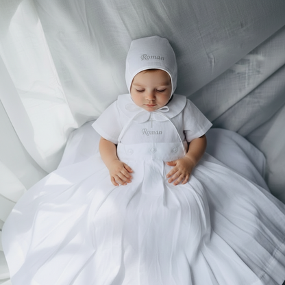 White Linen Unisex Baptism Gown 3/4 length romper with detachable skirt