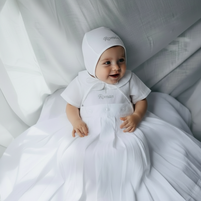 White Linen Unisex Baptism Gown 3/4 length romper with detachable skirt
