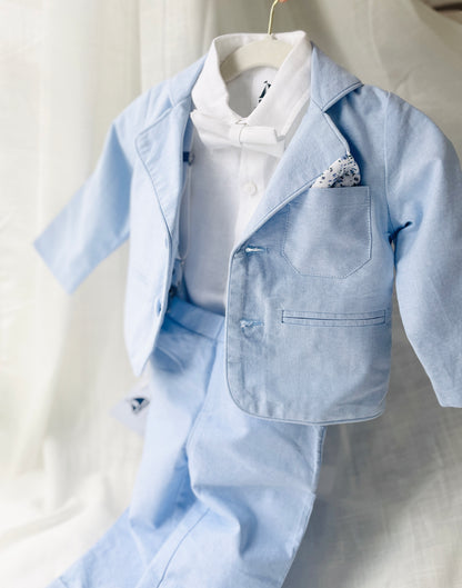 Blue chambray set with blue pants, white linen shirt, white, blue or beige suspenders and blue bow tie