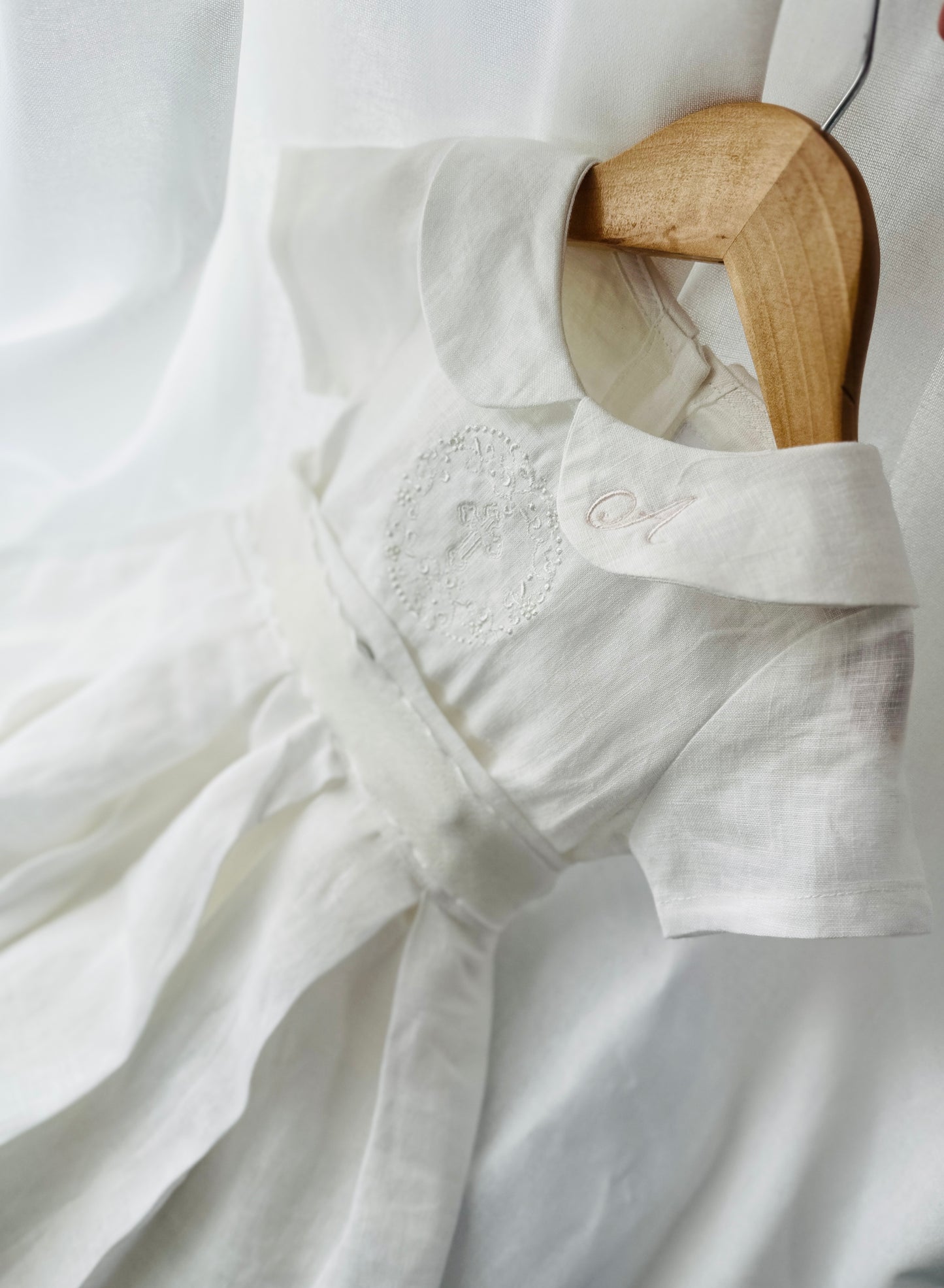White Linen Baptism dress with detachable long skirt gown