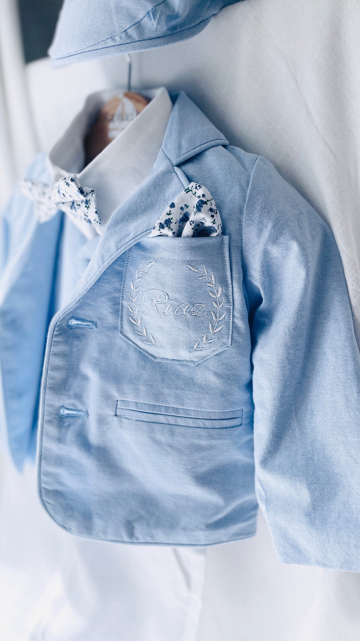 Boys Pale Blue chambray Jacket and beige Linen pants suit