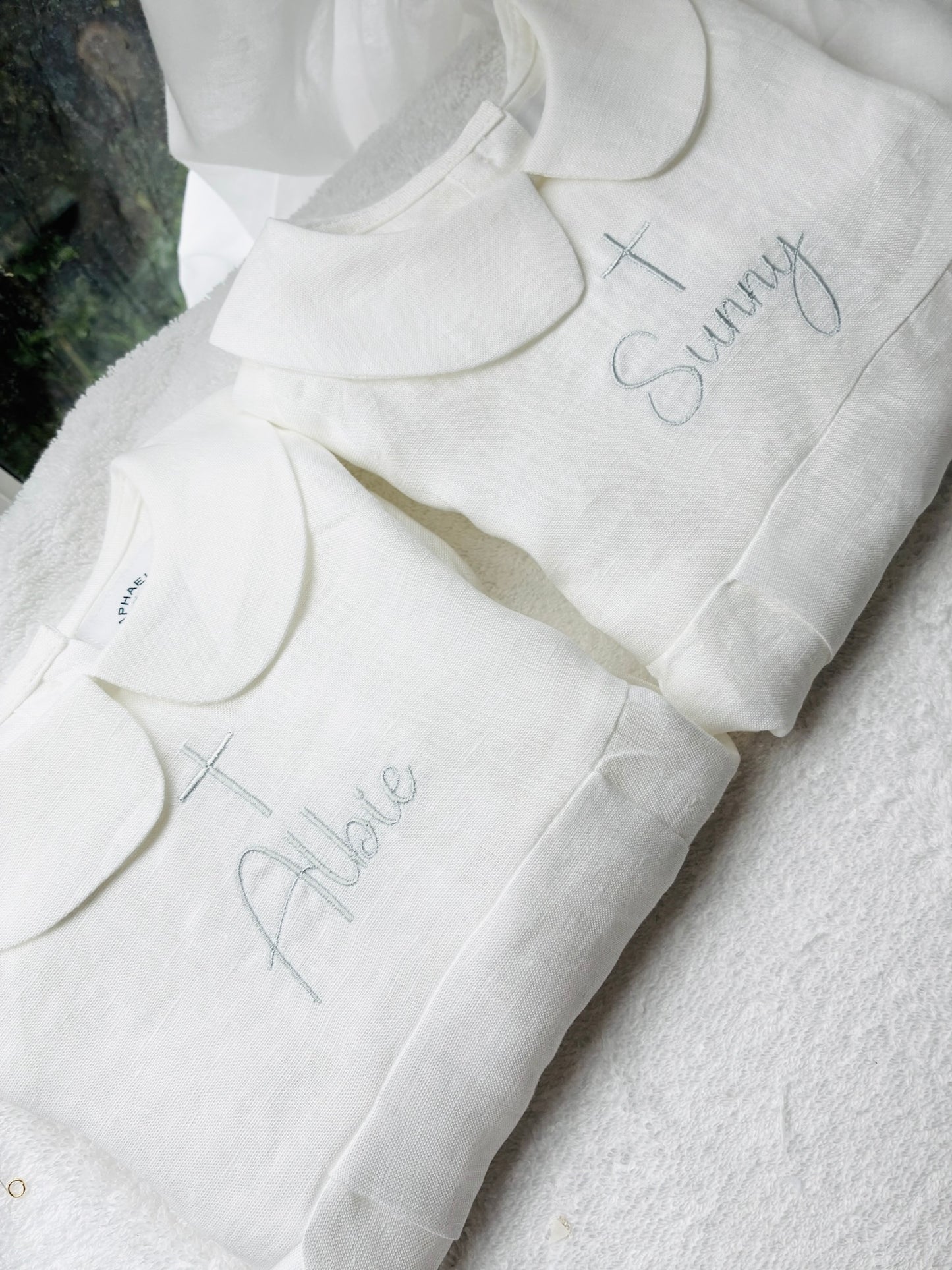 Linen Baptism 3/4 length jumpsuit romper with optional cardigan and embroidery