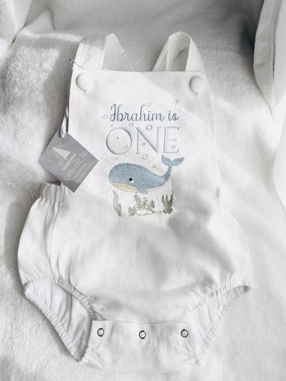 Boys White Linen first birthday romper with custom embroidery designs