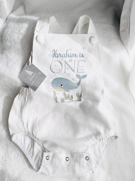 Boys White Linen romper overalls under the sea whale