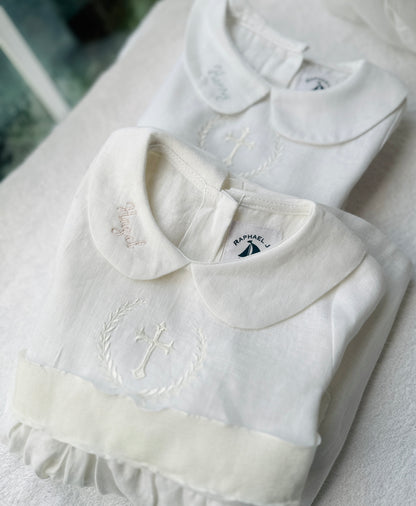 Pure Linen knee length Baptism Dress with embroidery and bloomers and optional ribbon