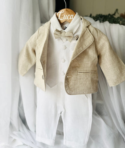 White linen vest suit with beige linen jacket and accessories
