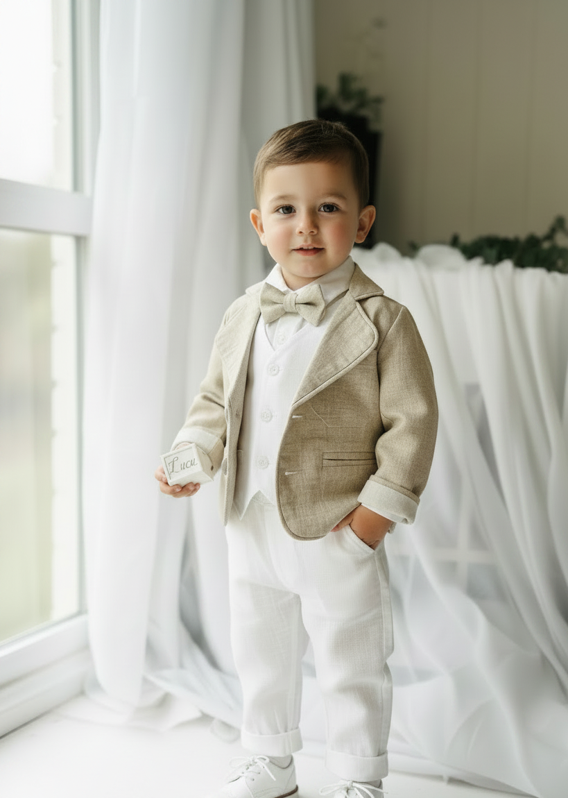 White linen vest suit with beige linen jacket and accessories