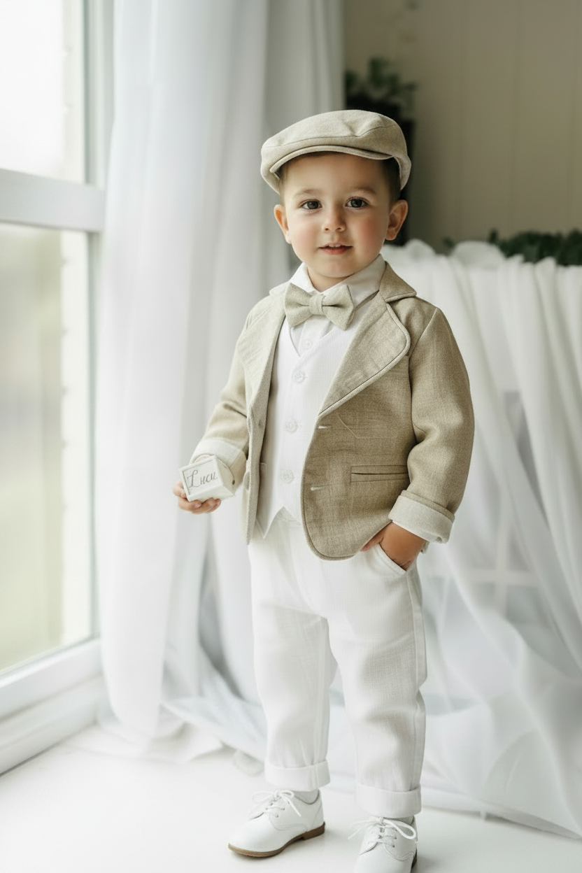 White linen vest suit with beige linen jacket and accessories