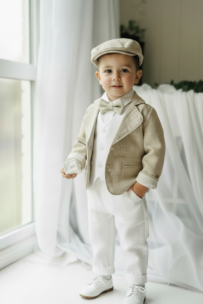 White linen vest suit with beige linen jacket and accessories