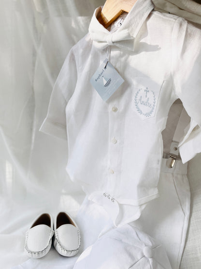 White linen Baptism Suit outfit with optional blue jacket and Accessories