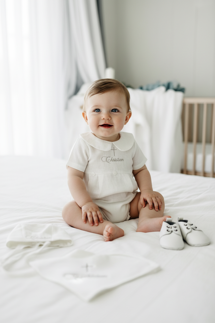 White Linen Unisex Baptism Gown 3/4 length romper with detachable skirt