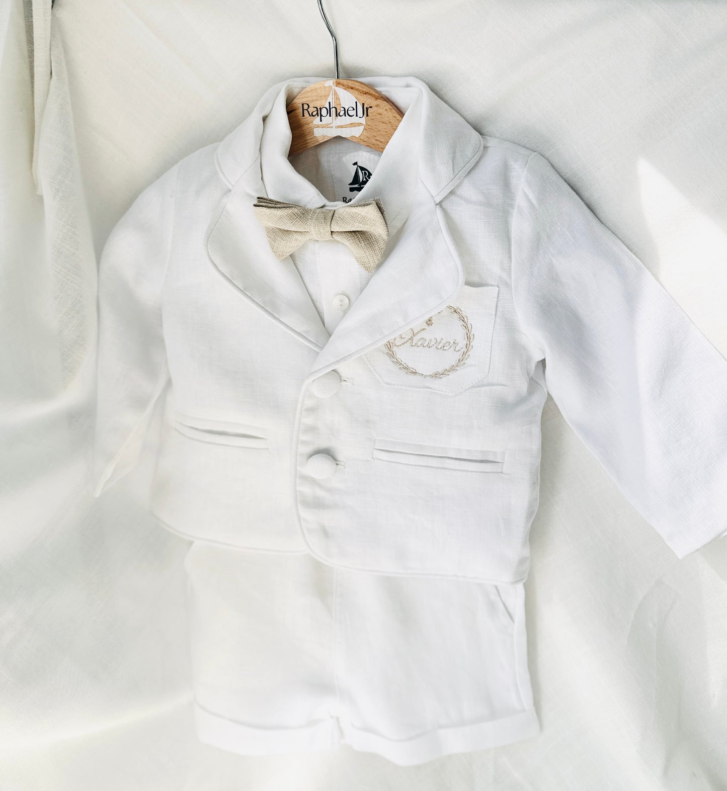 White linen summer Baptism set with shirt shorts suspenders bow tie and optional jacket