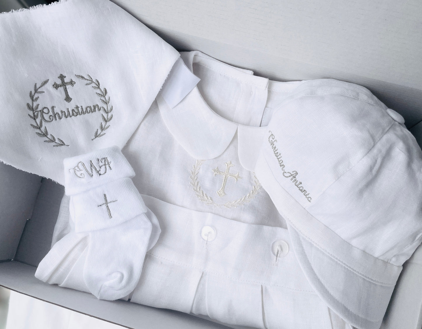 Plain White pure Linen unisex Baptism Gown with detachable skirt dress and optional monogram embroidery